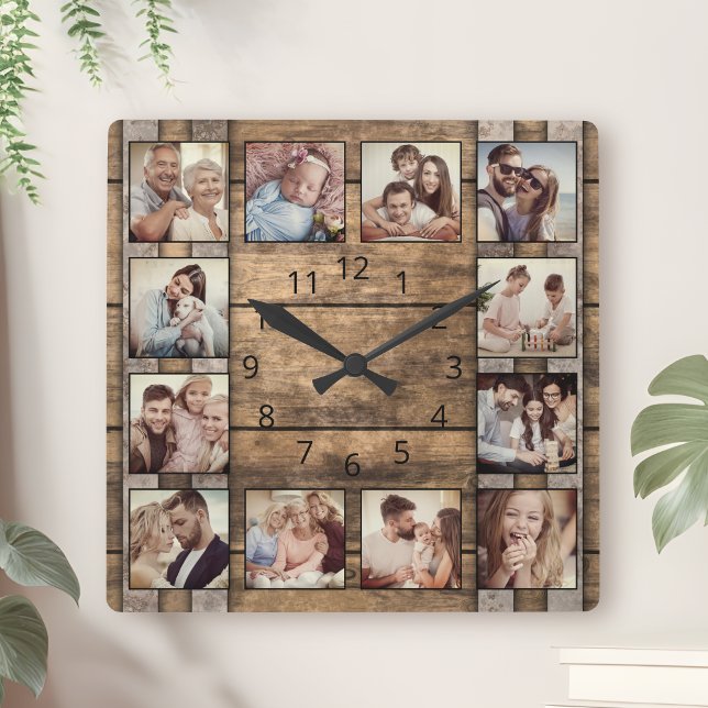 Custom Foto Collage Familie Rustikaler Holzfass Quadratische Wanduhr (Von Creator hochgeladen)