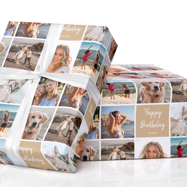 Custom Foto Collage Geburtstag Modern Gold Geschenkpapier (Von Creator hochgeladen)
