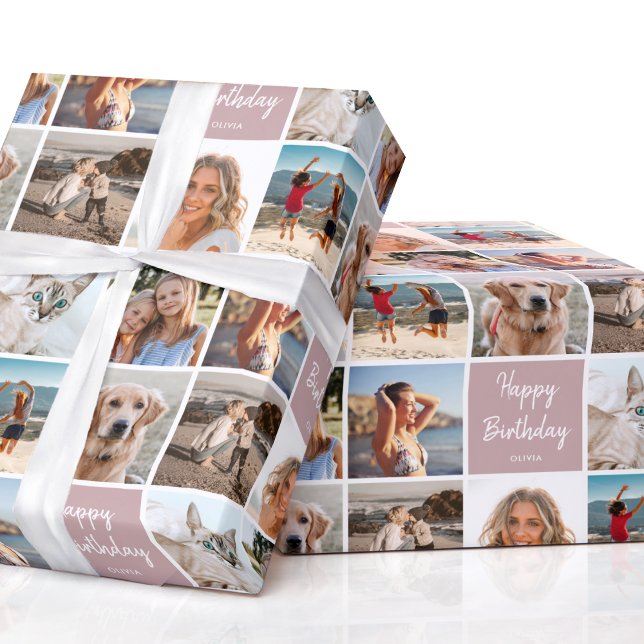 Custom Foto Collage Geburtstag Modern Pink Geschenkpapier (Von Creator hochgeladen)