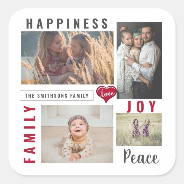 Custom Foto Collage Liebe Joy Family Quadratischer Aufkleber (Vorderseite)