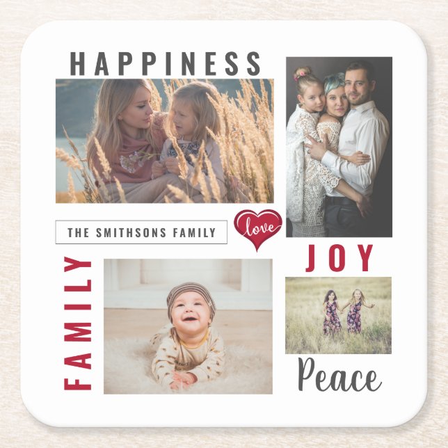 Custom Foto Collage Liebe Joy Family Rechteckiger Pappuntersetzer (Vorderseite)