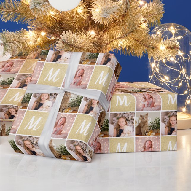 Custom Foto Collage Monogram Christmas Gold Geschenkpapier (Feiertage)