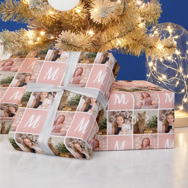 Custom Foto Collage Monogram Weihnachts-Rose Gold Geschenkpapier (Feiertage)