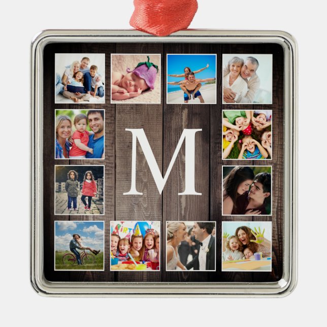 Custom Foto Collage Rustic Bauernfamilie Ornament Aus Metall (Vorne)