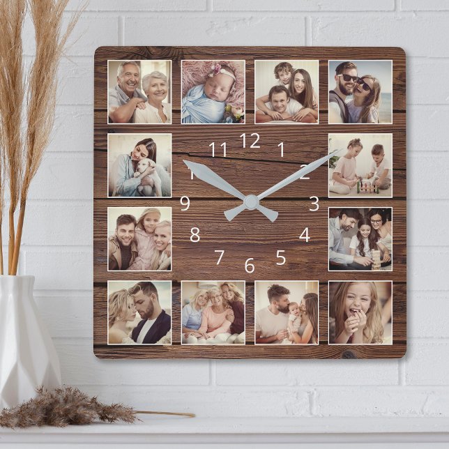 Custom Foto Collage Rustic Bauernfamilie Quadratische Wanduhr (Von Creator hochgeladen)