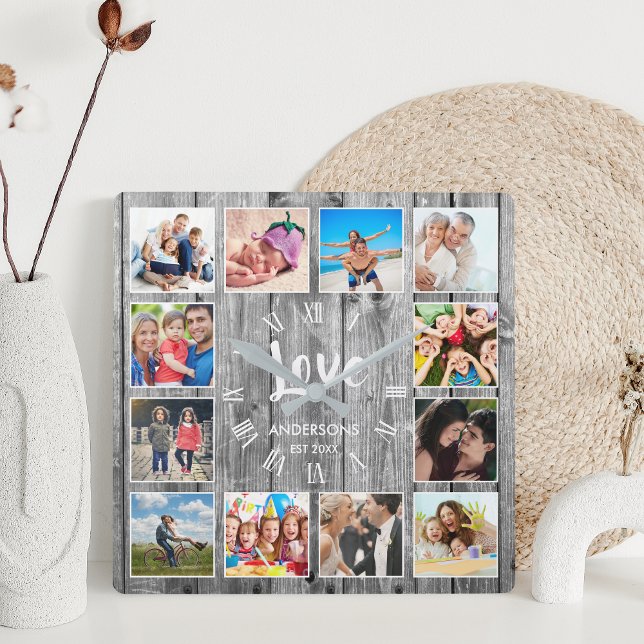 Custom Foto Collage Rustic Farmhouse Liebe Family Quadratische Wanduhr (Von Creator hochgeladen)