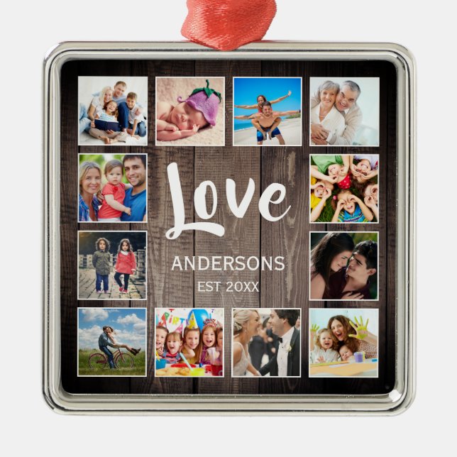 Custom Foto Collage Rustic Farmhouse Love Family Ornament Aus Metall (Vorne)