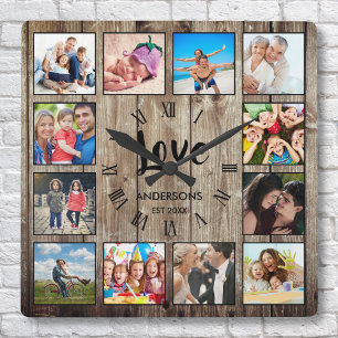Custom Foto Collage Rustic Farmhouse Love Family Quadratische Wanduhr