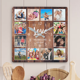 Custom Foto Collage Rustic Farmhouse Love Family Quadratische Wanduhr