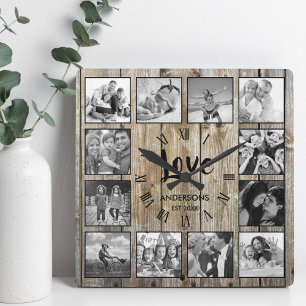 Custom Foto Collage Rustic Farmhouse Love Family Quadratische Wanduhr