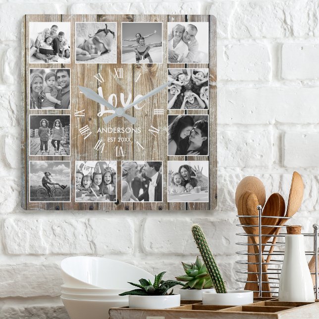 Custom Foto Collage Rustic Farmhouse Love Family Quadratische Wanduhr (Von Creator hochgeladen)