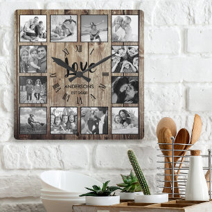 Custom Foto Collage Rustic Farmhouse Love Family Quadratische Wanduhr