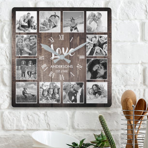 Custom Foto Collage Rustic Farmhouse Love Family Quadratische Wanduhr