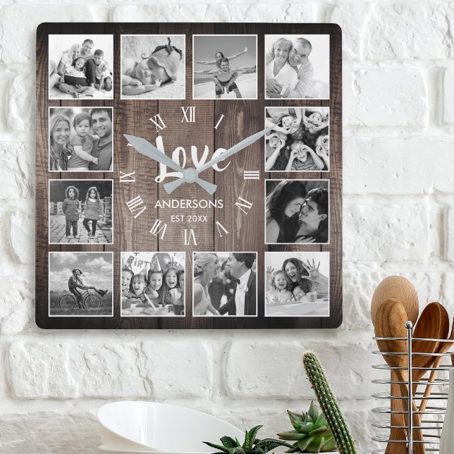 Custom Foto Collage Rustic Farmhouse Love Family Quadratische Wanduhr (Von Creator hochgeladen)