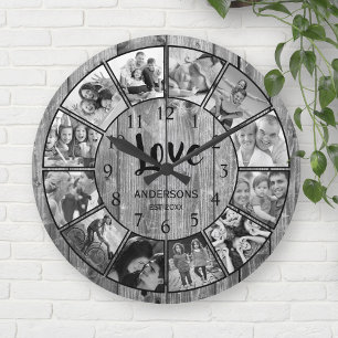 Custom Foto Collage Rustic Farmhouse Love Family Runde Wanduhr