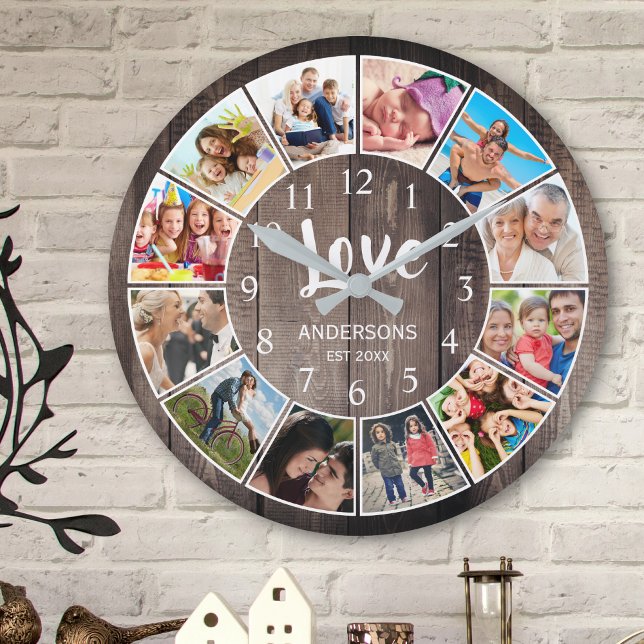 Custom Foto Collage Rustic Farmhouse Love Family Runde Wanduhr (Von Creator hochgeladen)
