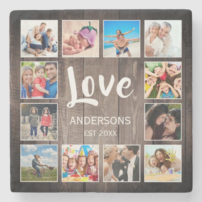 Custom Foto Collage Rustic Farmhouse Love Family Steinuntersetzer (Vorderseite)