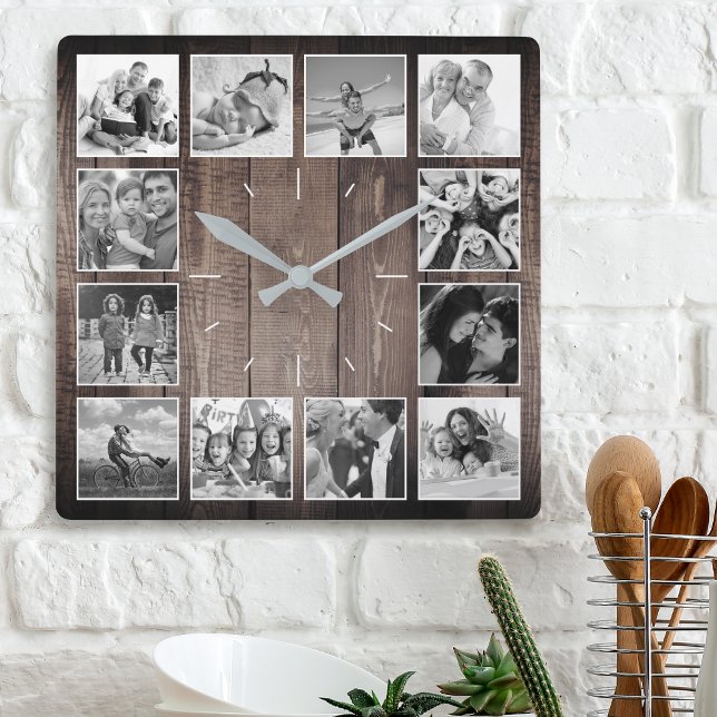 Custom Foto Collage Rustic Farmhouse Skript Quadratische Wanduhr (Von Creator hochgeladen)