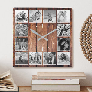 Custom Foto Collage Rustic Farmhouse Skript Quadratische Wanduhr