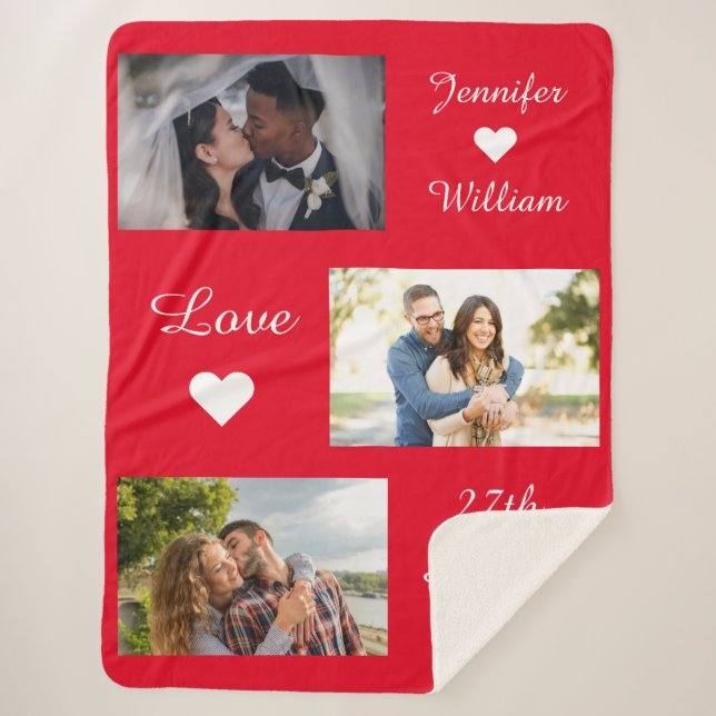 Custom Foto Collage Wedding Date Liebe Red Sherpadecke (Vorderseite)