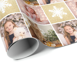 Custom Foto Collage Weihnachten Gold Schneeflocken Geschenkpapier
