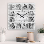 Custom Foto Collage White Elegant Holz Familie Quadratische Wanduhr<br><div class="desc">Die elegante Wanduhr aus weißem Holz mit Ihren individuellen Fotos ist einfach zu personalisieren. Die Vorlage verwendet einen Schwarz-Weiß-Foto-Filter,  um einen besser koordinierten Look zu erstellen. Um die besten Ergebnisse zu erzielen,  schneiden Sie die Bilder vor dem Hochladen auf Quadrat - mit dem Fokuspunkt in der Mitte.</div>