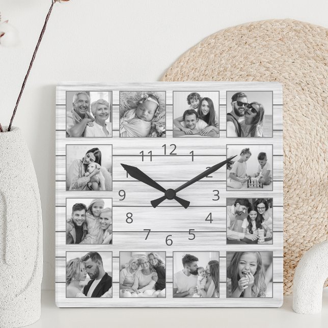 Custom Foto Collage White Elegant Holz Familie Quadratische Wanduhr (Von Creator hochgeladen)