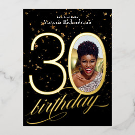 Custom Foto Confetti Black 30. Geburtstag Folie Einladungspostkarte