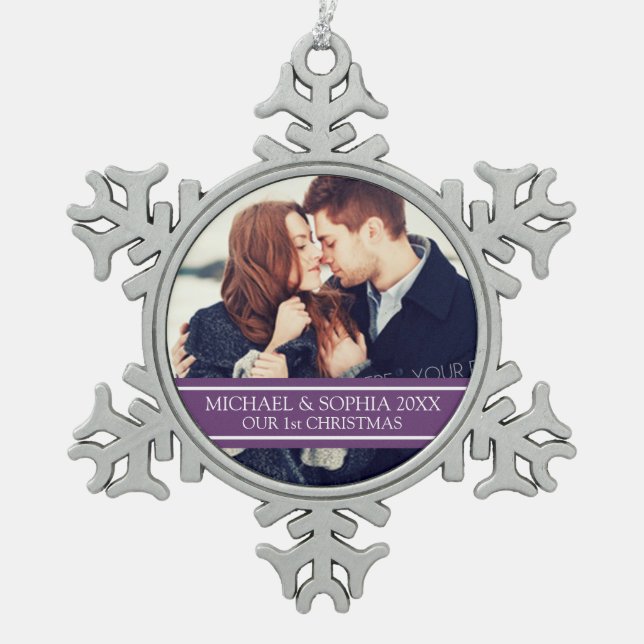 Custom Foto Couple's 1. Weihnachtsdekoration Schneeflocken Zinn-Ornament (Vorderseite)