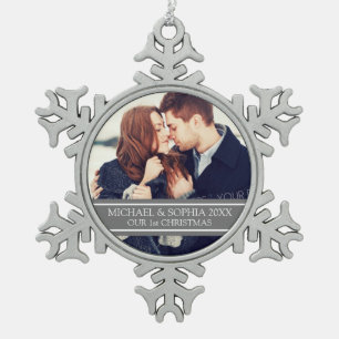 Custom Foto Couple's 1. Weihnachtsdekoration Schneeflocken Zinn-Ornament