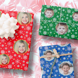 Custom Foto Custom Logo Snowflakes Red Blue Green Geschenkpapier Set