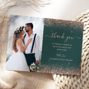 Custom Foto Dark Green Rose Gold Glitzer Hochzeit Dankeskarte