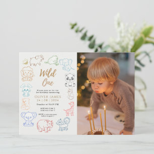 Custom Foto Doodle Party Tiere 1. Geburtstag Einladung