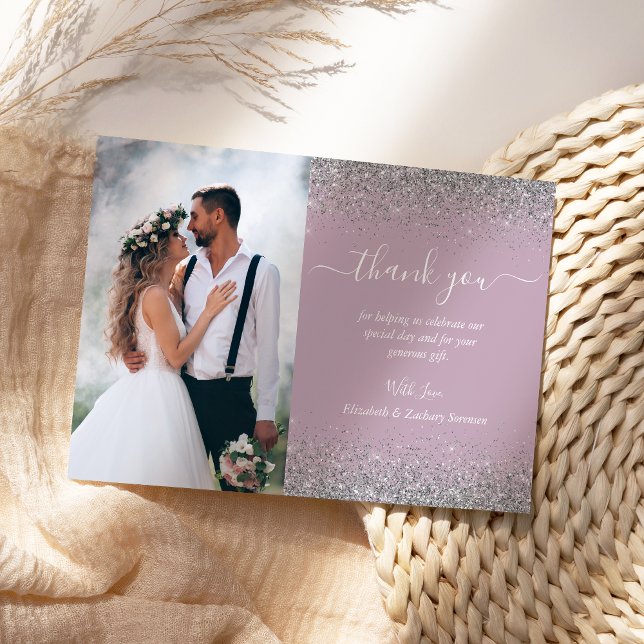 Custom Foto Dusty Lilac Silver Glitzer Wedding Dankeskarte (Von Creator hochgeladen)