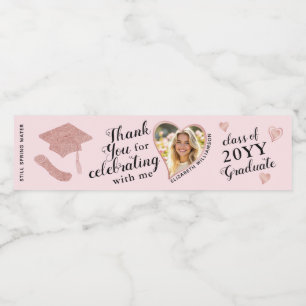 Custom Foto Eleganter Rosa Abschluss Vielen Dank Wasserflaschenetikett