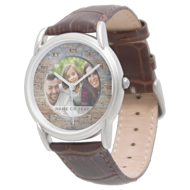 Custom Foto Fathers Day Watch Vater Rustic Armbanduhr (Schrägansicht)