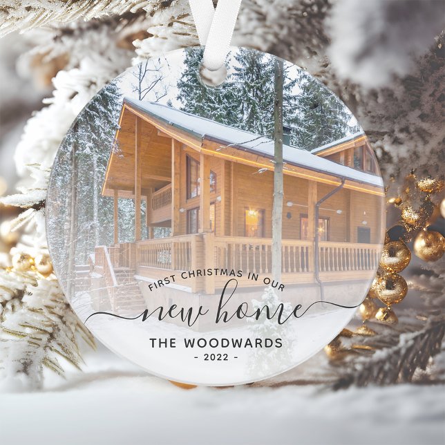 Custom Foto First Christmas Neue Zuhause Grau Scri Ornament (Von Creator hochgeladen)