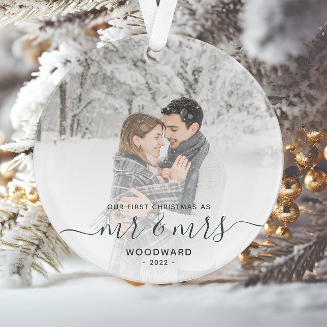 Custom Foto First Verheiratet Christmas Green Scri Ornament (Von Creator hochgeladen)