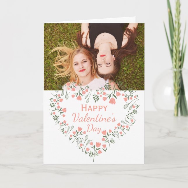 Custom Foto Floral Heart Valentine Karte (Vorderseite)