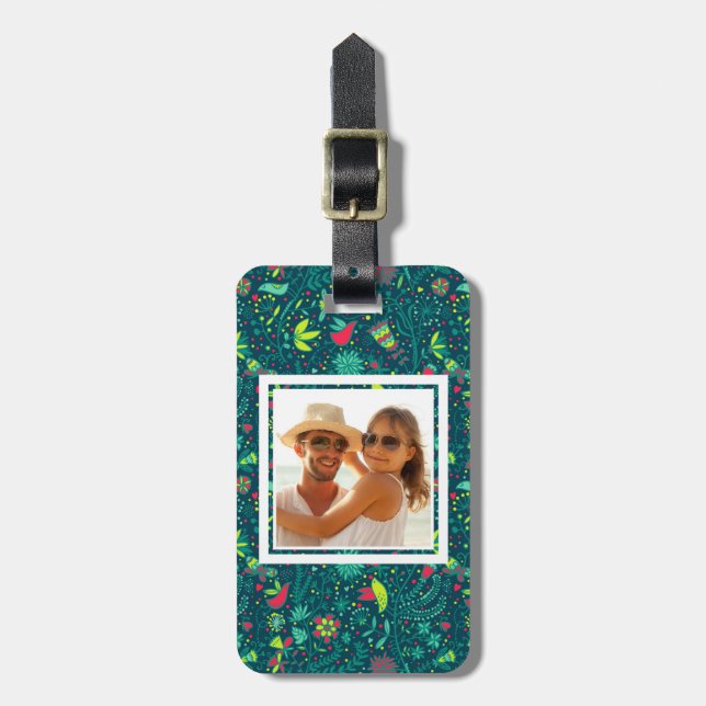 Custom Foto Floral pattern with Cartoon birds 2 Gepäckanhänger (Vorderseite vertikal)