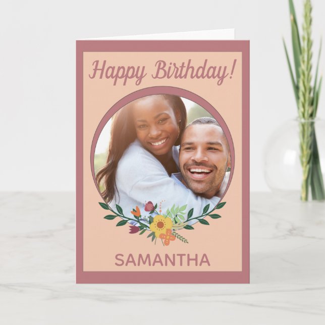 Custom Foto floral Pink Personalisiert Geburtstag Karte (Vorderseite)