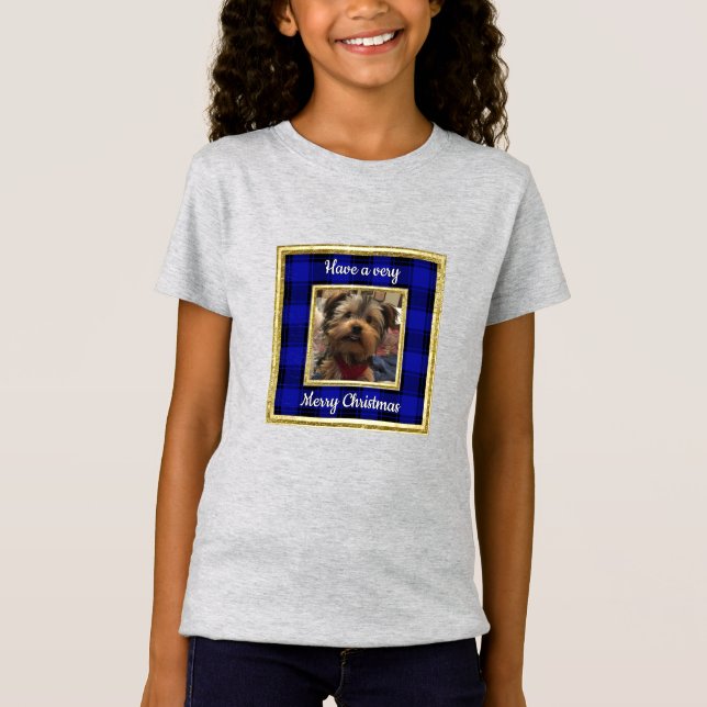 Custom Foto Frame Christmas Blue & Black Kariert T-Shirt (Vorderseite)