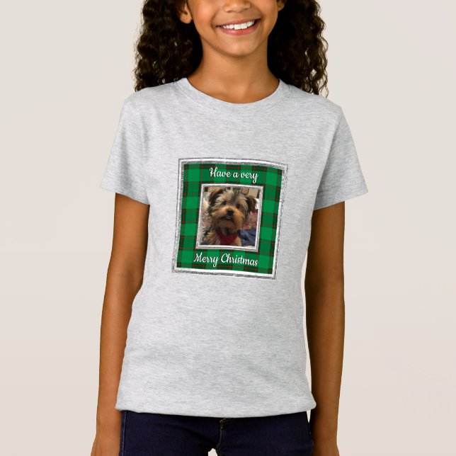 Custom Foto Frame Weihnachtsrot & Grün Kariert T-Shirt (Vorderseite)