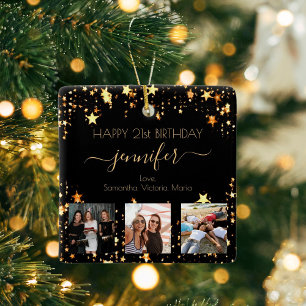 Custom Foto Freunde Geburtstag schwarzen goldenen  Keramikornament
