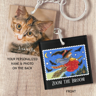 Custom Foto Fun Halloween Cat Hexe Broomstick Schlüsselanhänger