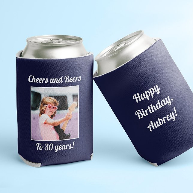 Custom Foto Funny Cool 30. Geburtstag Dosenkühler ("Cheers and Beers to 30 years" blue can cooler with photo on the front and custom text on the back)