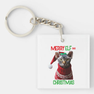 Custom Foto Funny Elf Sphynx Swear Cat Weihnachten Schlüsselanhänger