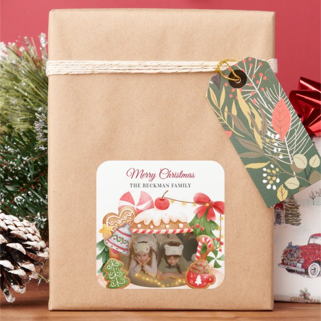 Custom Foto Gingerbrei House Weihnachten Quadratischer Aufkleber (Feiertag)