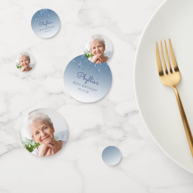 Custom Foto Glam Blue Glitzer Tropfen 80. Geburtst Konfetti (Gruppe)