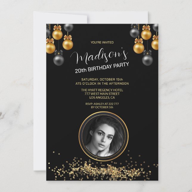 Custom Foto Gold & Black Birthday Einladung (Vorderseite)